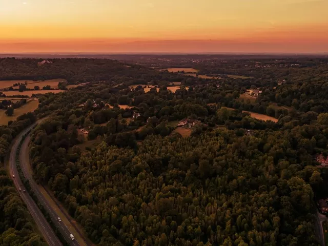 View across the Surrey Hills from Box Hill at sunset