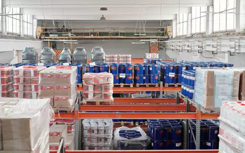 Warehouse interior with goods on shelving