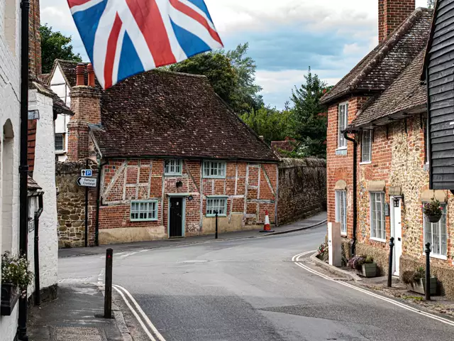Historic timber-framed cottages in Shere, a village near Guildford